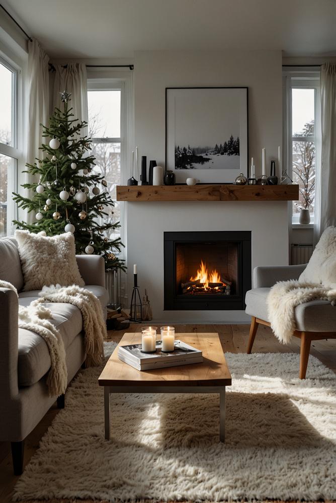 Skandinavischer Kamin in Weiß und Silber mit Adventsdeko