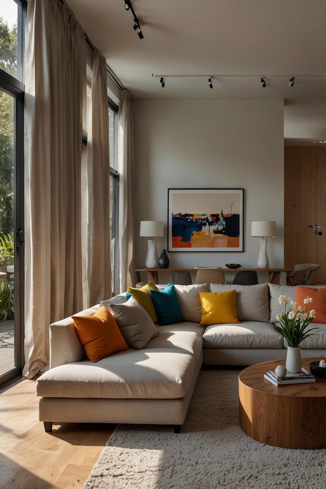 Helles Wohnzimmer mit Sofa als Raumteiler im offenen Grundriss