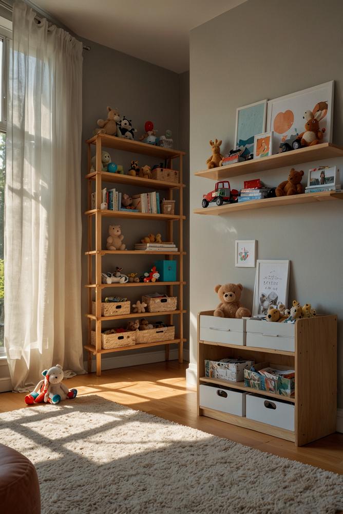 Kinderzimmer mit Spielzeugrotation und Wechselregal hell und freundlich