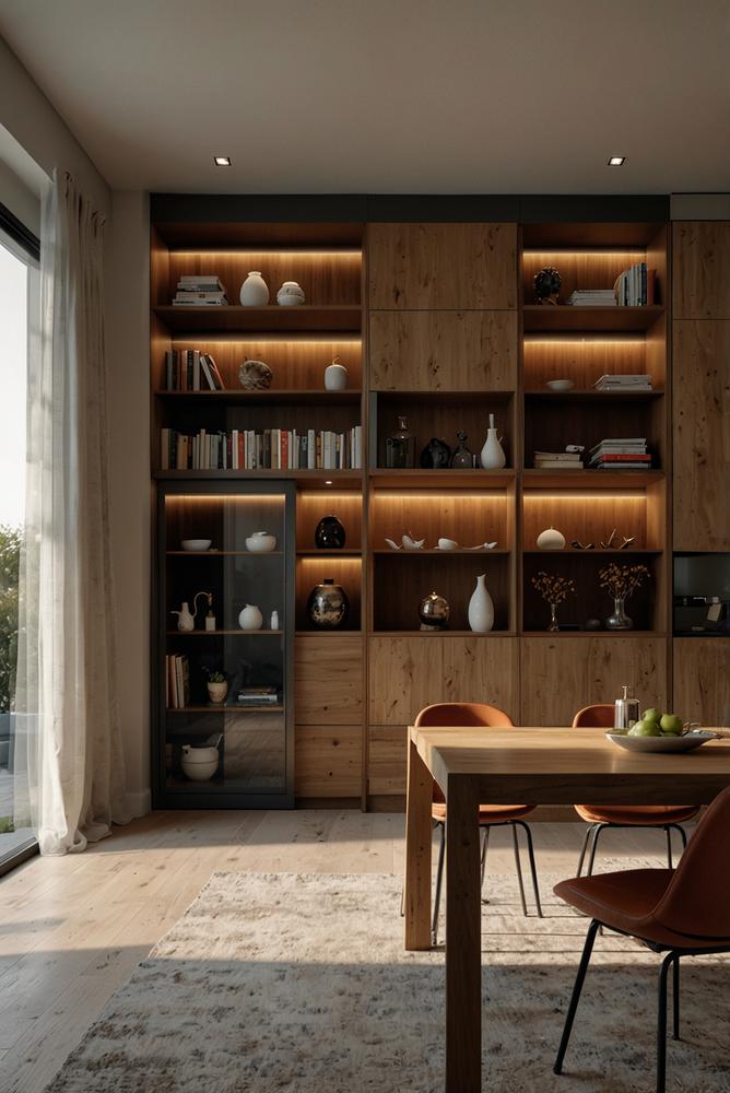 Heller Wohnraum mit Schiebetueren und Regalen