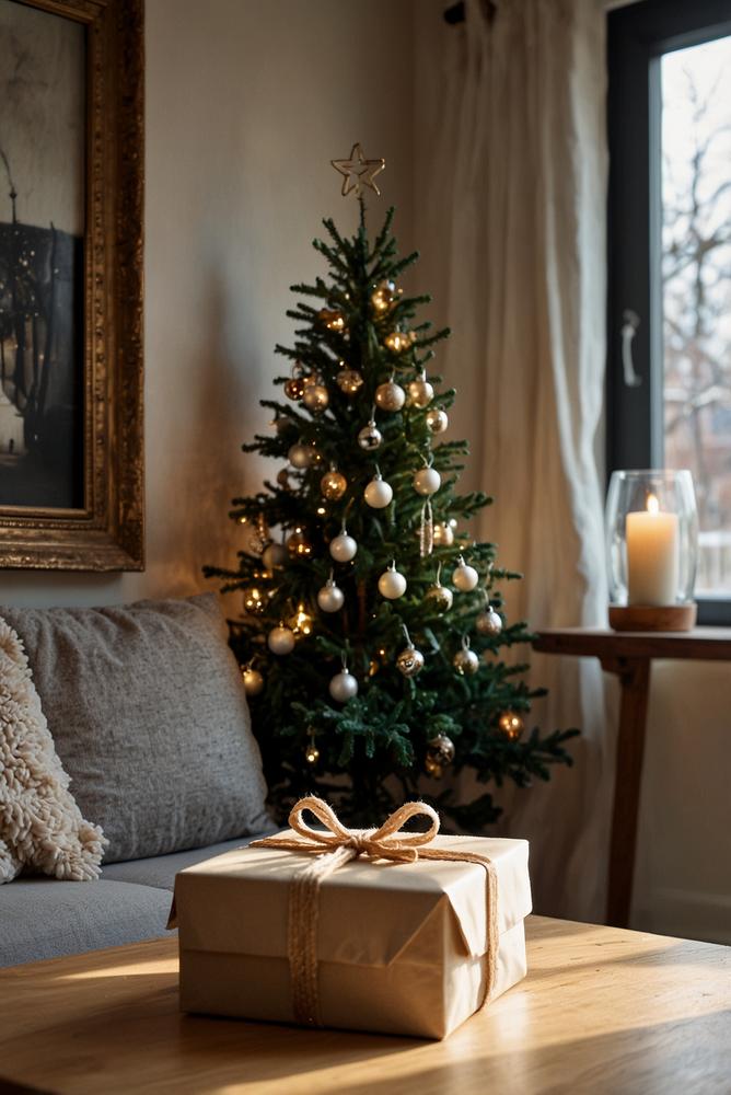Mini-Tannenbaum auf Esstisch in kleiner Wohnung hell und dekoriert