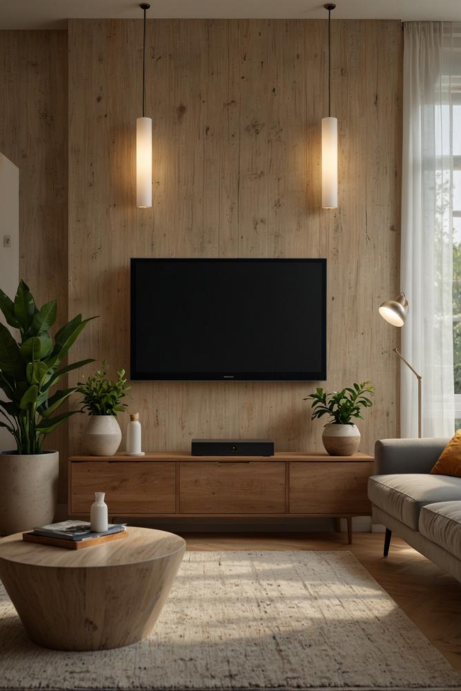 helle moderne TV-Wand mit Lowboard und LED-Beleuchtung