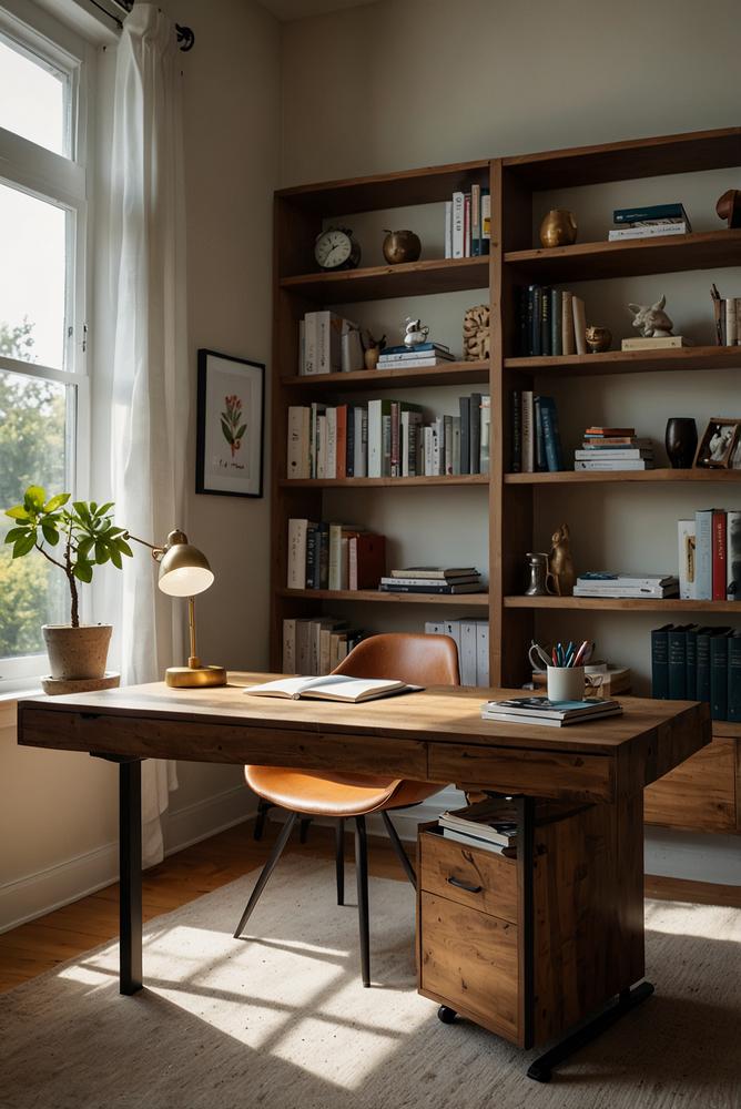 Heller, stilvoller Arbeitsplatz mit Schreibtisch und Regalen