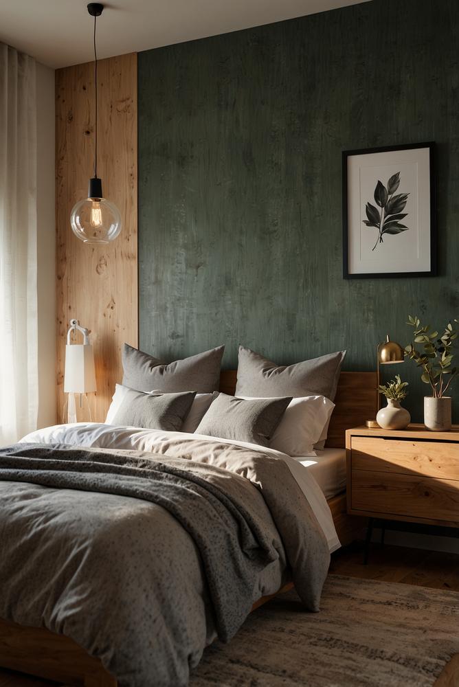 Helles Schlafzimmer mit Akzentwand und warmen Leselampen