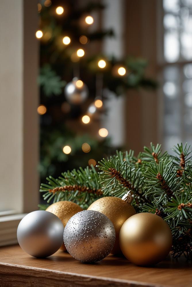 Helle Adventsdeko mit Tannenzweigen und Kugeln am Fenster