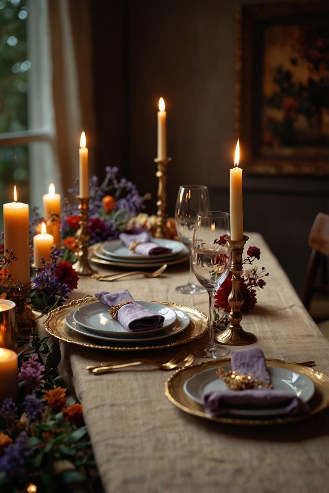 Tischlaeufer mit Trockenblumen und Kerzen hell und einladend