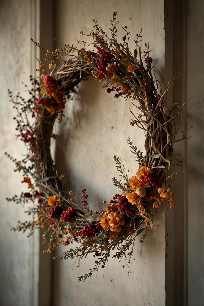 Türkranz aus Trockenblumen und getrockneten Beeren im Eingangsbereich