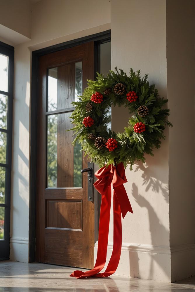 Heller weihnachtlicher Türkranz aus Tannenzweigen mit Zapfen und Beeren