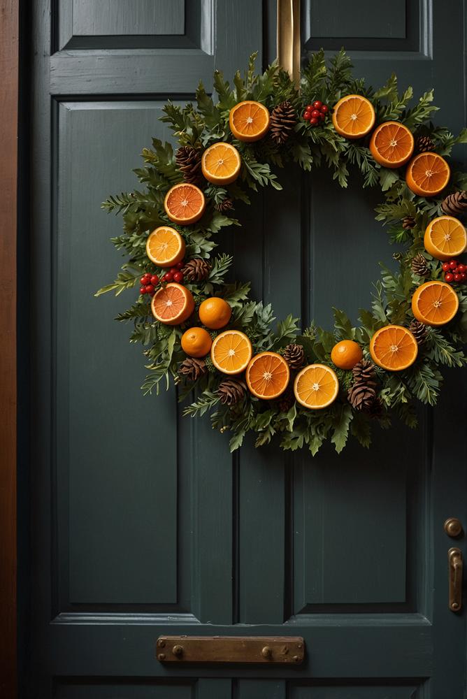 Weihnachtlicher Türkranz mit Orangen und Zimtsticks