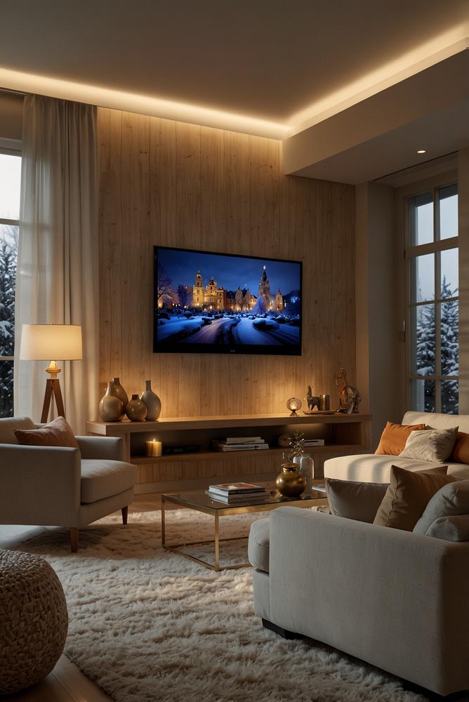 Helle TV-Wand mit LED-Weihnachtsbeleuchtung