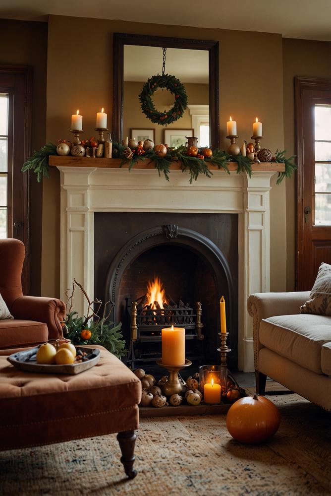 Vintage Kamin festlich mit antikem Weihnachtsschmuck dekoriert