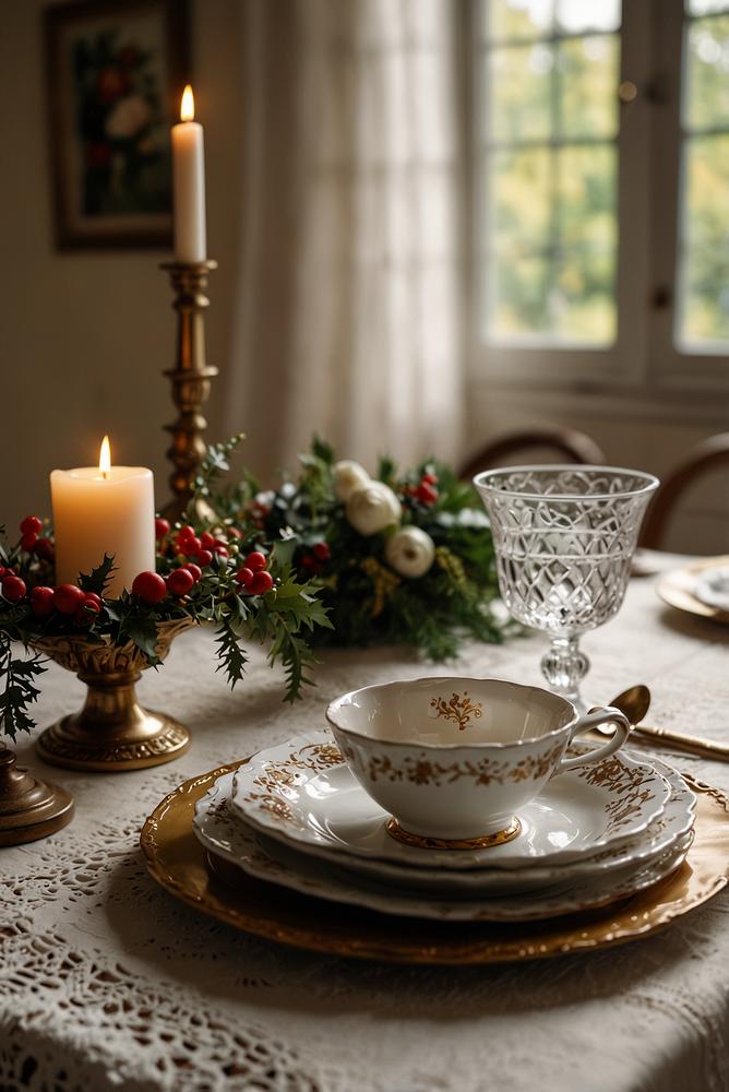 Vintage Weihnachts-Tisch mit edlem Porzellan und Spitzendecke