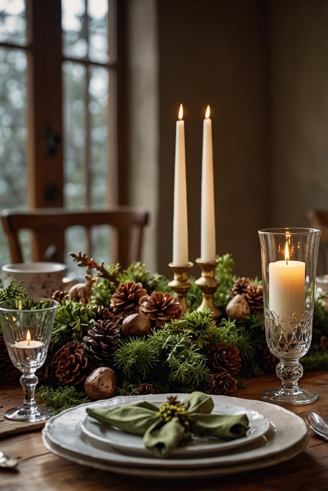 Heller Waldtisch mit Moos Pilzen und Hirschdeko Weihnachten