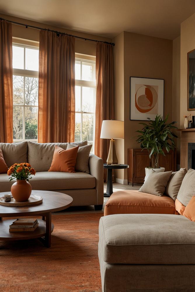 Wohnzimmer in warmen Erdtönen mit hellem Sonnenlicht