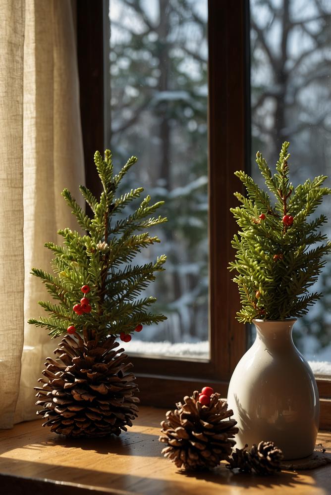 Tannenzweige und Zapfen Weihnachtsdeko Fensterbank hell
