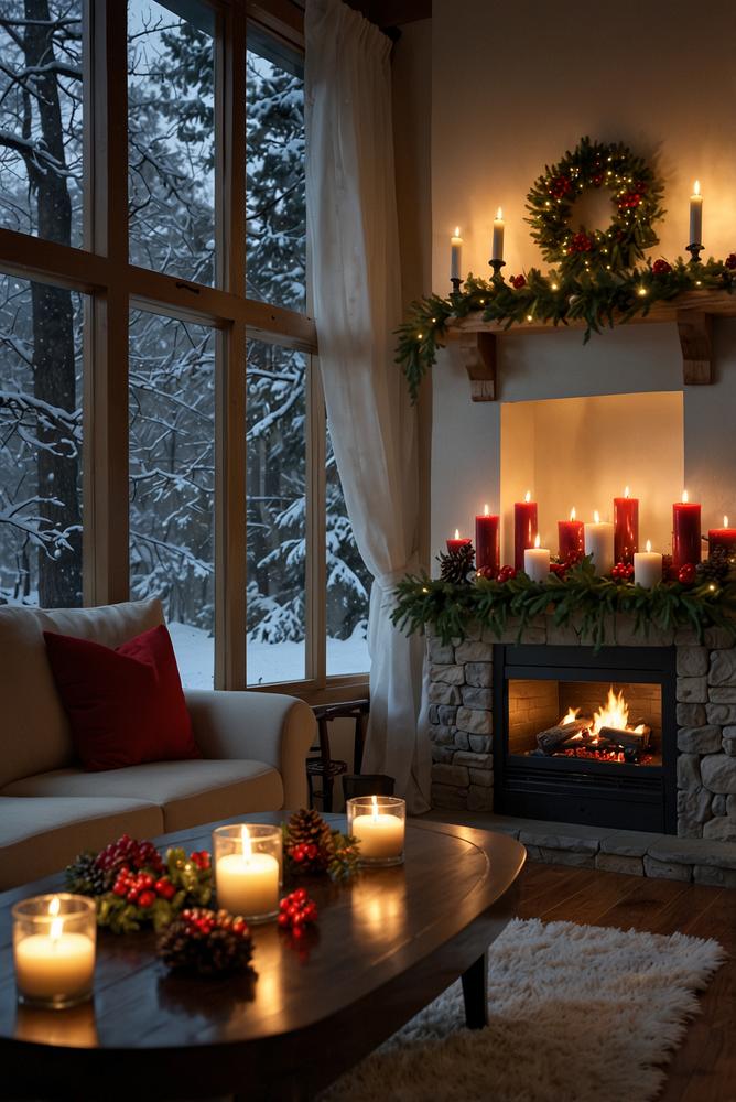 Kamin-Illusion mit Kerzen und Spiegel auf festlicher Fensterbank