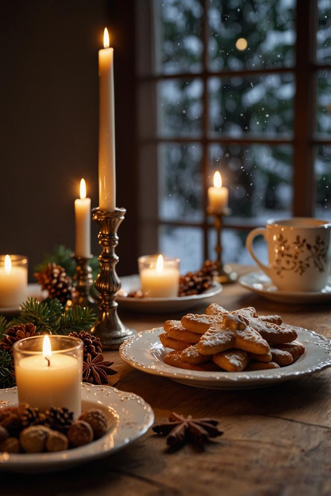 Hell gedeckter Frühstückstisch mit Weihnachtsdeko und Plätzchen