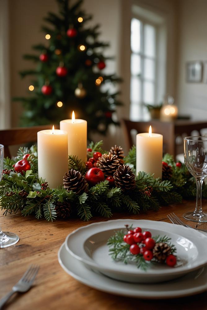 Weihnachtlicher Tisch mit Kerzenmeer und Tannengrün