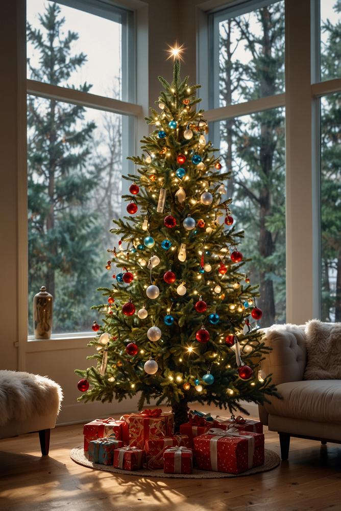 Moderner Weihnachtsbaum mit LED-Lichtern im hellen Raum