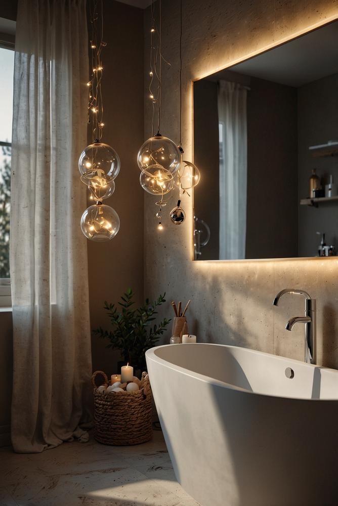 Weihnachtsdeko mit Lichterkette am Badezimmer-Spiegel