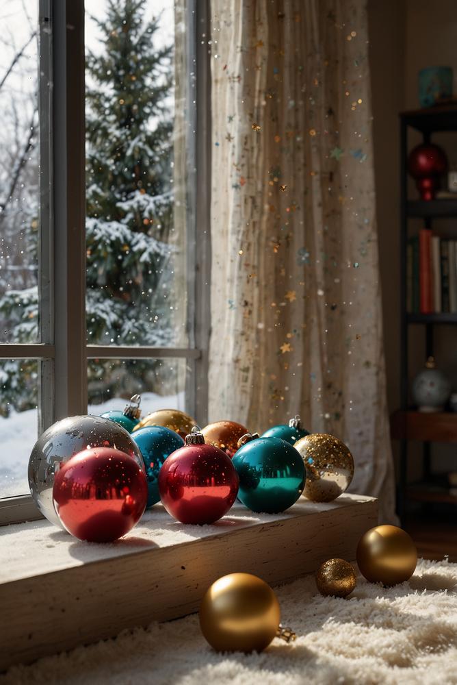 Weihnachtliche Fensterbank mit Glasornamenten und Kunstschnee