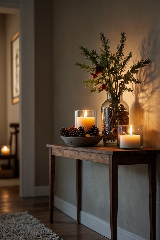 Weihnachtsdeko auf Flur-Kommode mit Lichterbox und Schale