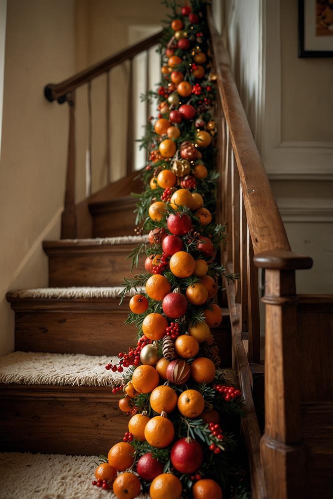 Festliche Gewürz- und Orangendeko im Treppenhaus, hell und einladend