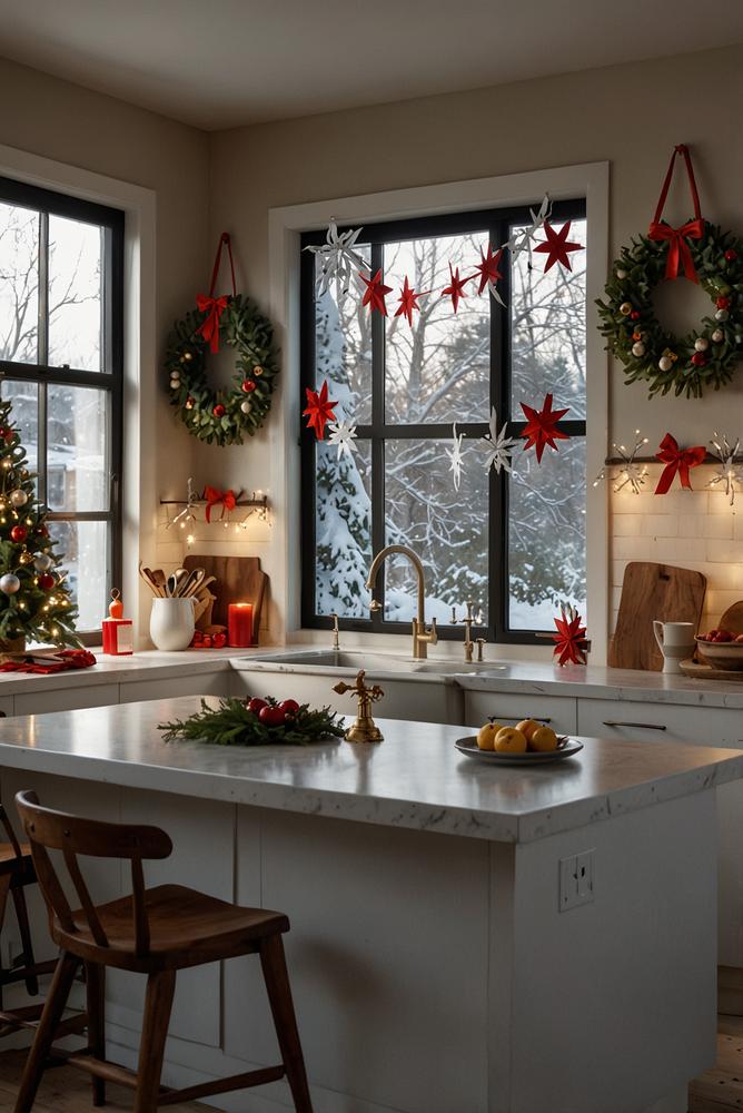 Weihnachtsdeko an Küchenschranktüren und Griffen, hell und einladend