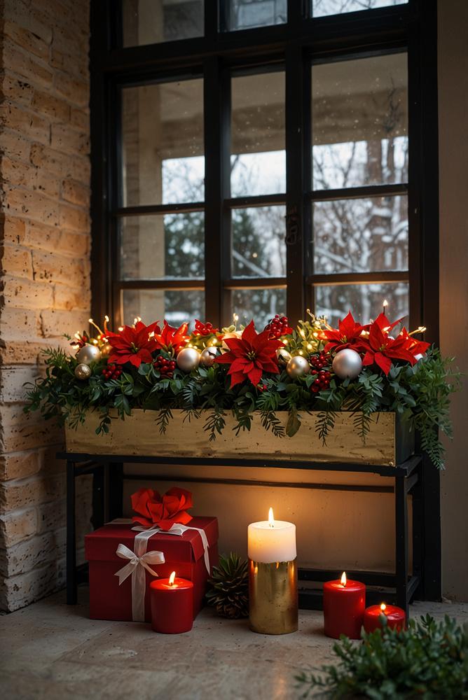 Helle weihnachtsdeko am balkon mit lichtern und pflanzen