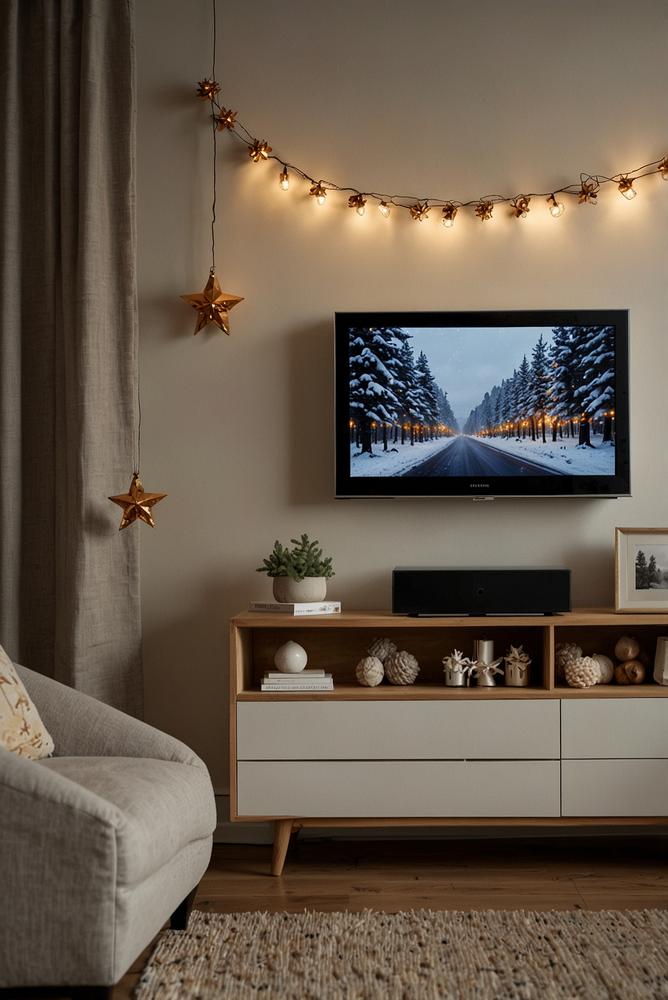 Weihnachtsdeko mit Lichterketten um Fernseher in kleiner Wohnung