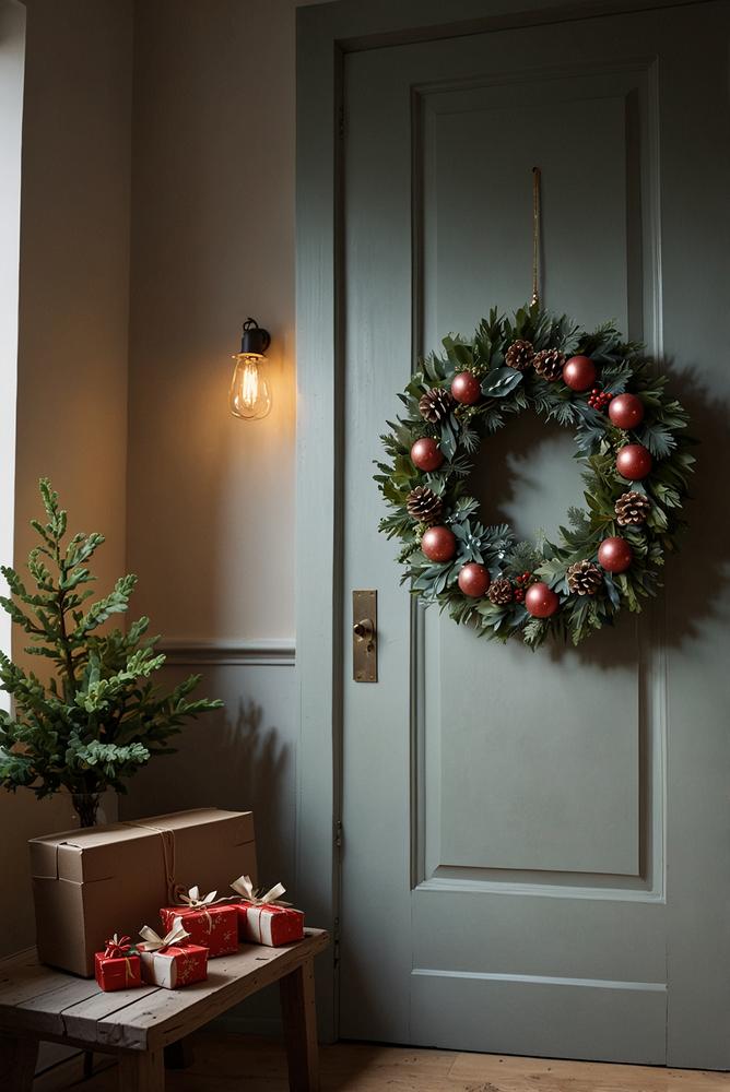 Heller Raum mit platzsparendem weihnachtstuerkranz an der tür