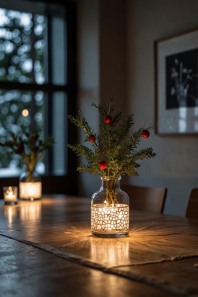 Moderner Esstisch mit LED-Boxen als Weihnachtsdeko