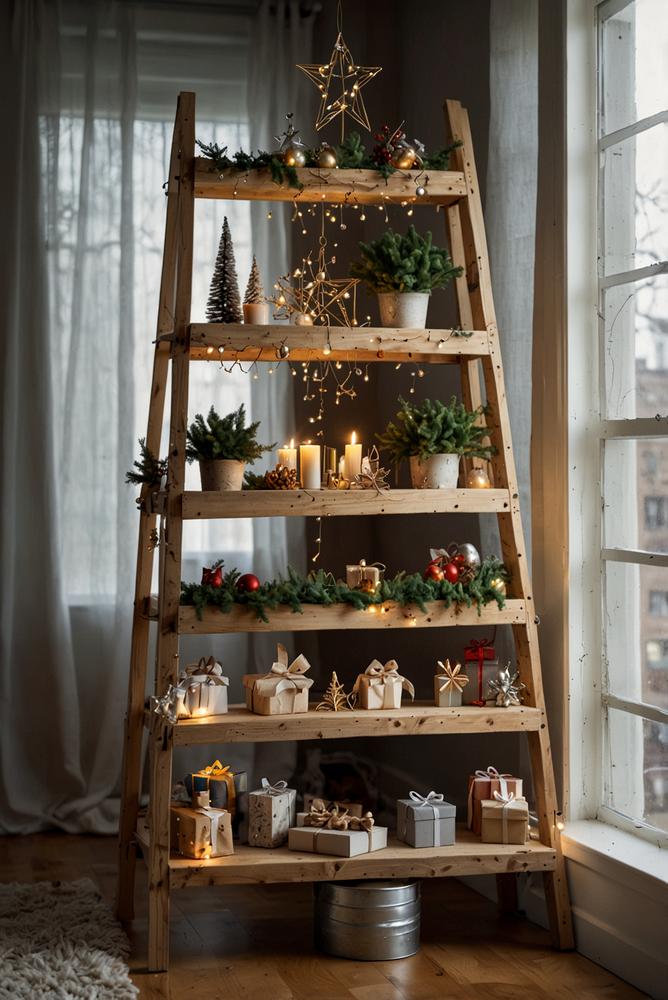 Leiter-Regal als stilvoller Weihnachtsbaum in kleiner Wohnung