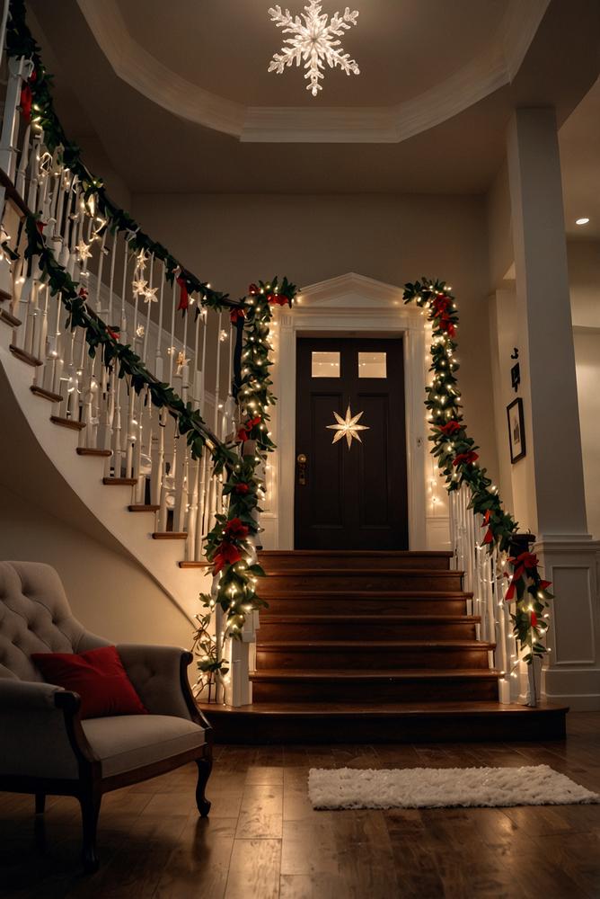 Lichterketten am Treppengeländer in weihnachtlicher Dekoration