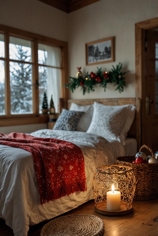 Weihnachtsdeko mit Kerzen am Nachttisch im Schlafzimmer
