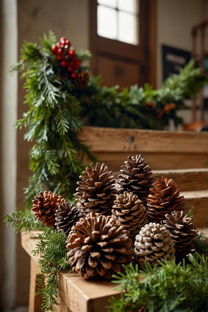 Helles Treppenhaus mit dekorativen Tannenzapfen zur Weihnachtszeit