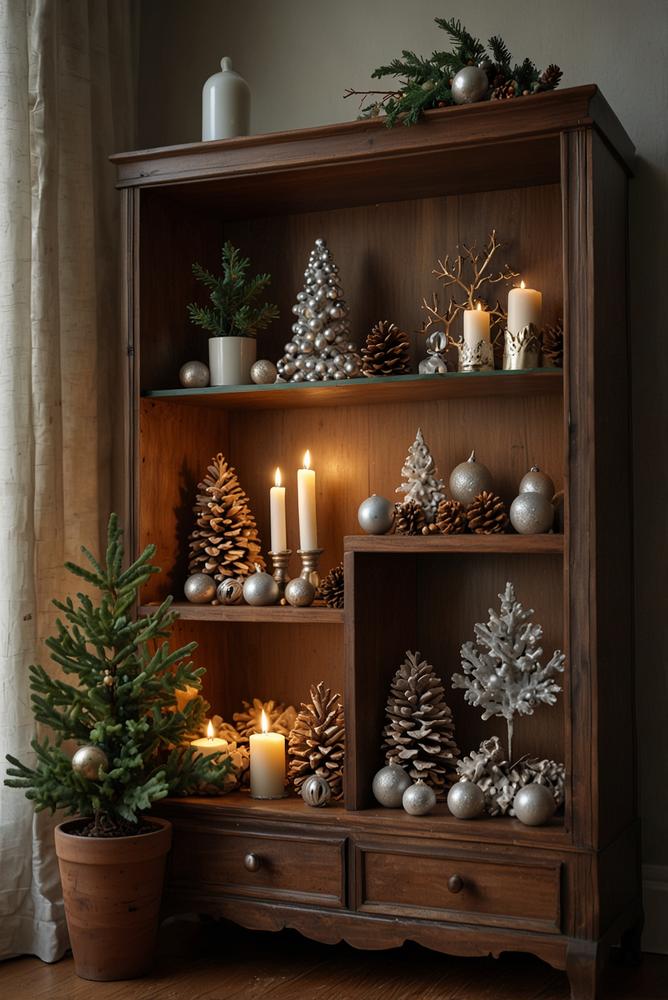 Helle Deko-Vitrine mit Weihnachtsdekoration im Regal