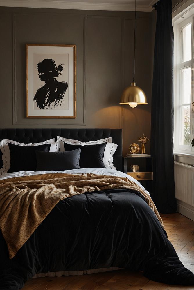 Modernes Schlafzimmer mit schwarzer und goldener Weihnachtsdeko