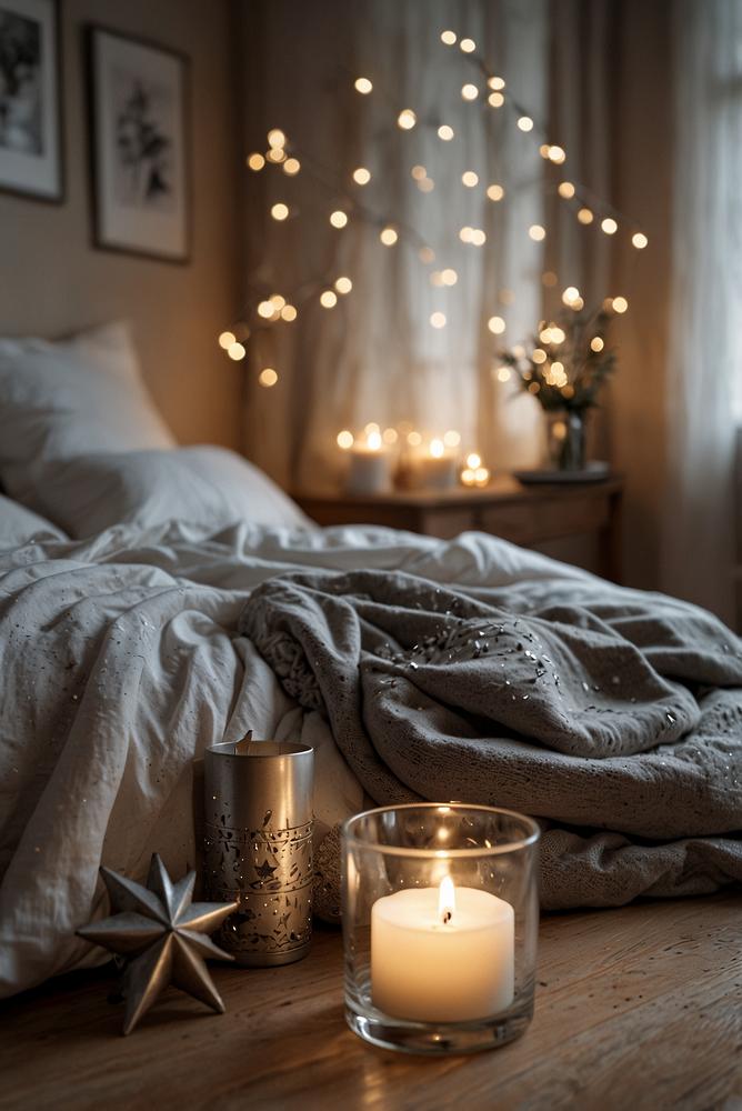 Schlafzimmer mit silberweißer Weihnachtsdeko und ruhiger Atmosphäre