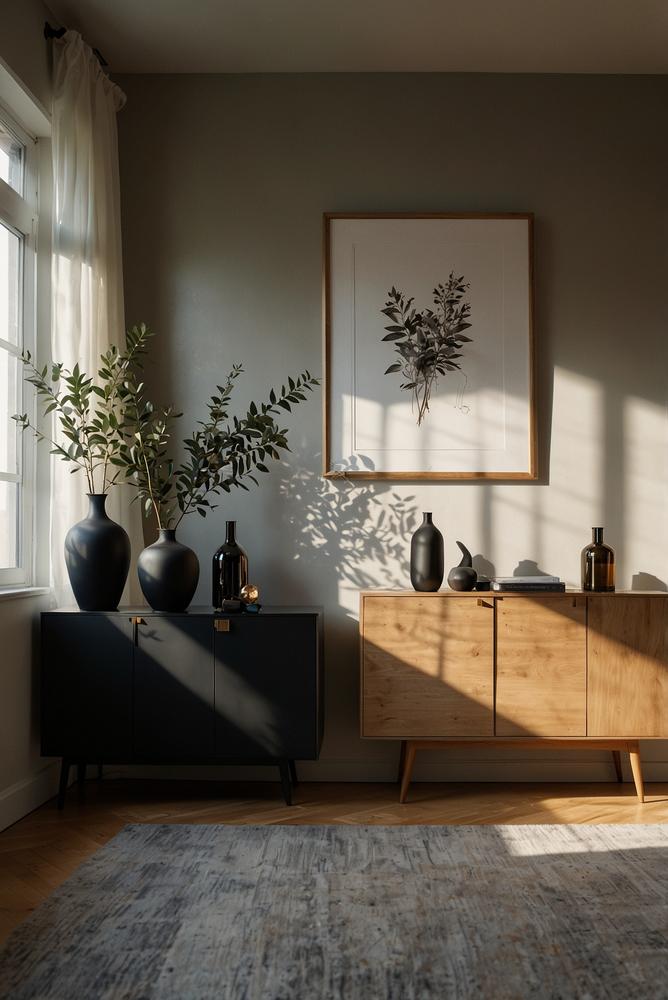 Moderne Weihnachtsdeko mit schwarzen Vasen und goldenen Skulpturen