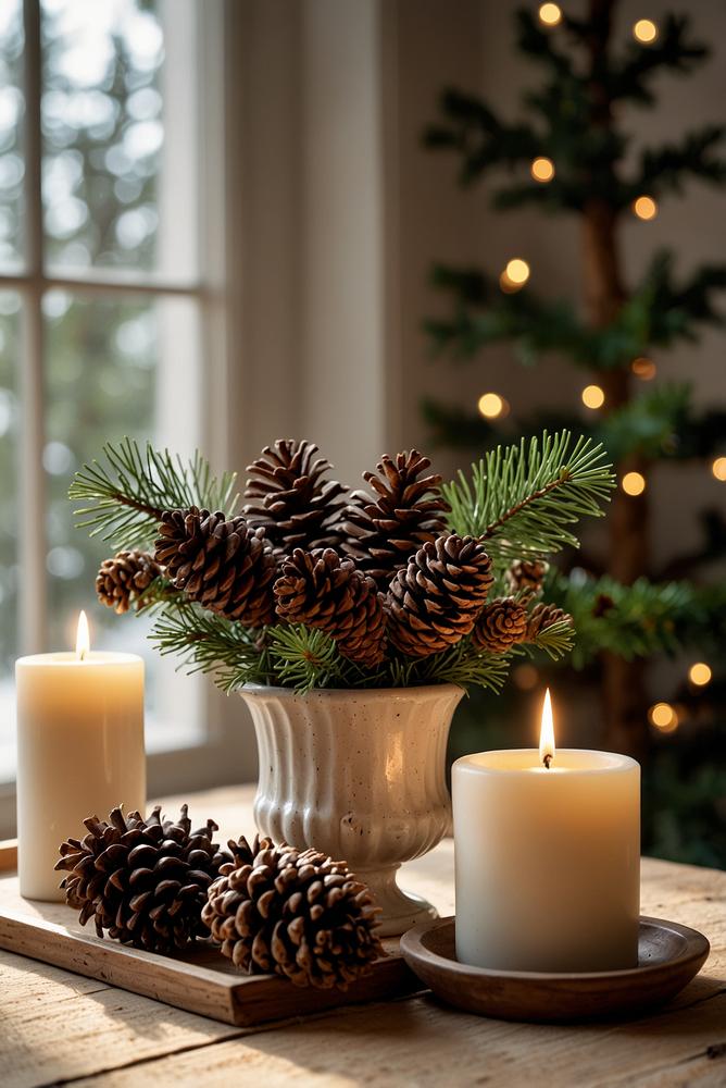 Helle Weihnachtsdeko mit Tannenzapfen und Vanille auf Regal