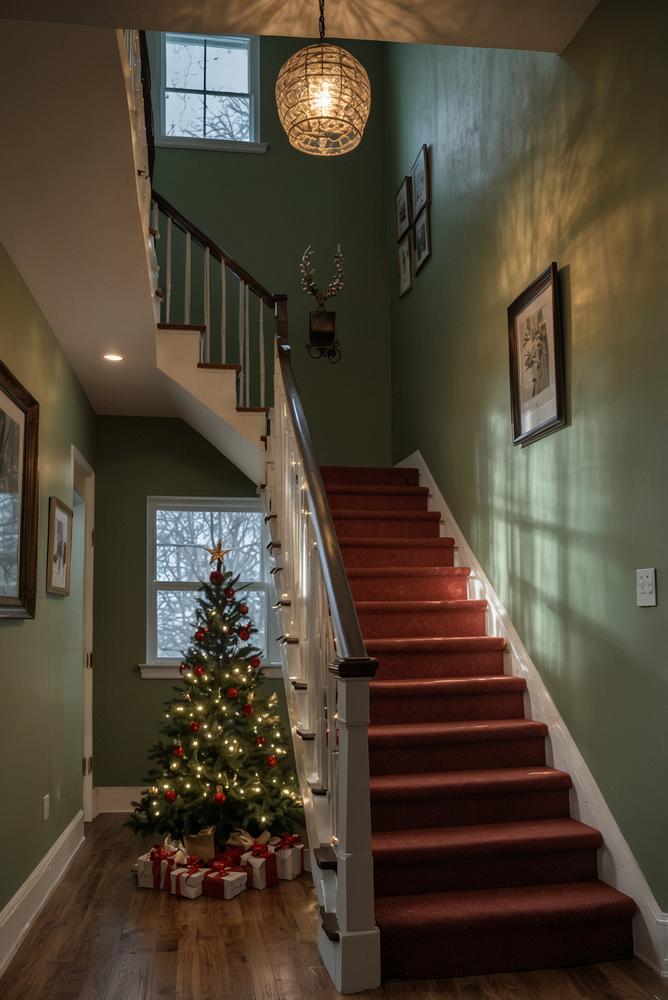 Helles treppenhaus mit weichen laeufern und kinderfreundlicher beleuchtung