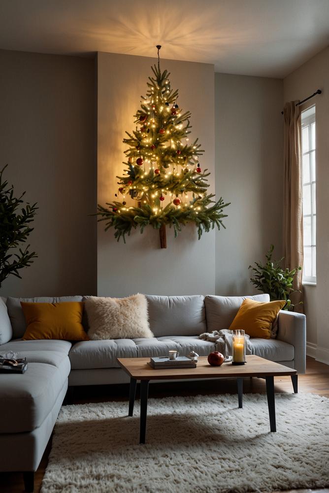 Vertikaler Wandbaum aus Zweigen über Sofa in kleiner Wohnung