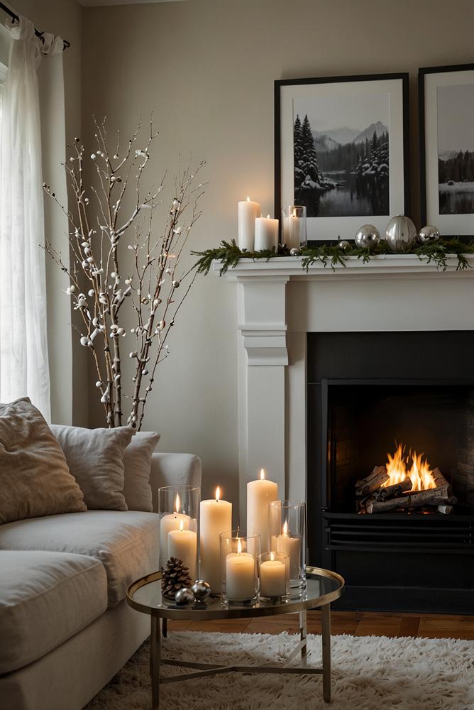 Weiße und silberne Weihnachtsdeko auf Kaminmantel hell