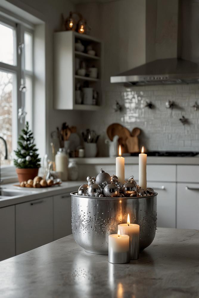 Kueche mit weisser Weihnachtsdeko und silbernen Akzenten