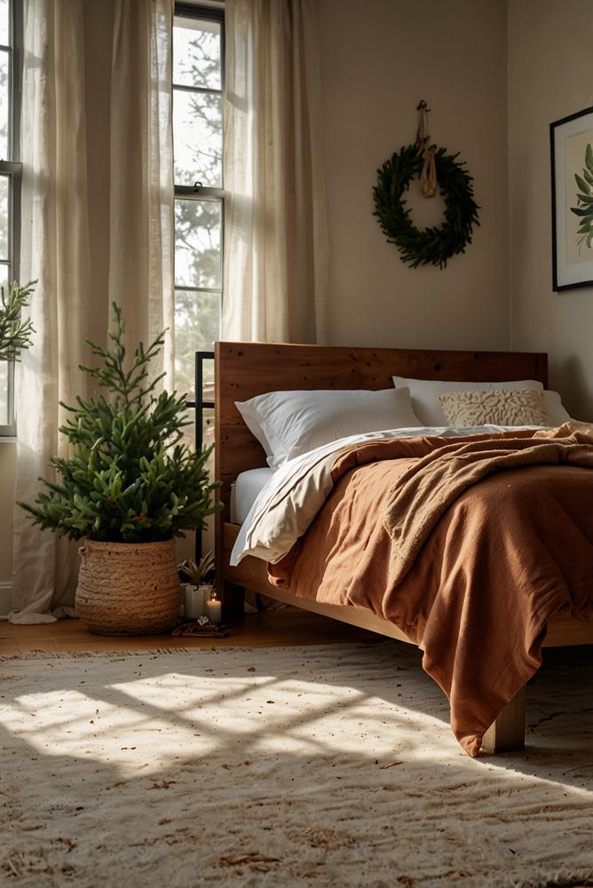 Weihnachtsdeko mit Zimt und Tannennadeln im Schlafzimmer