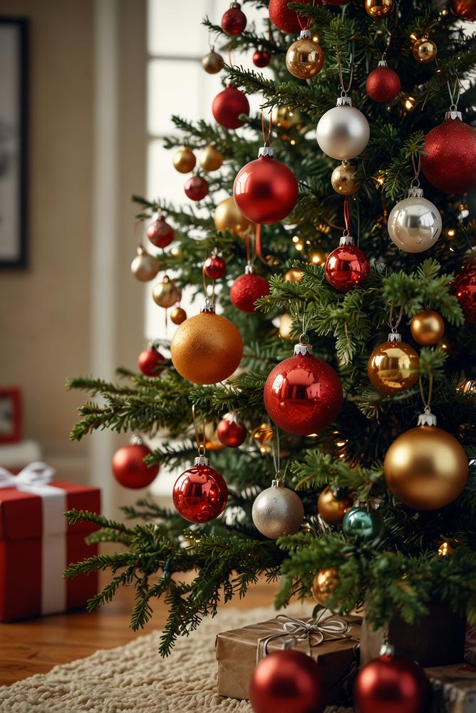 Weihnachtsbaum mit personalisierten Fotokugeln hell und lichtdurchflutet