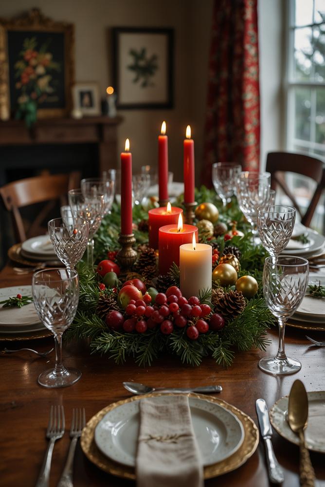 Weihnachtlicher Familientisch mit Läufer und Säulenkerzen