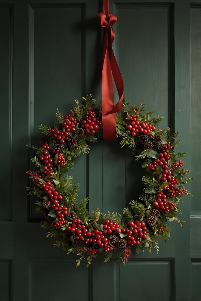 Heller weihnachtlicher Türkranz mit Cranberries und Zimtsternen