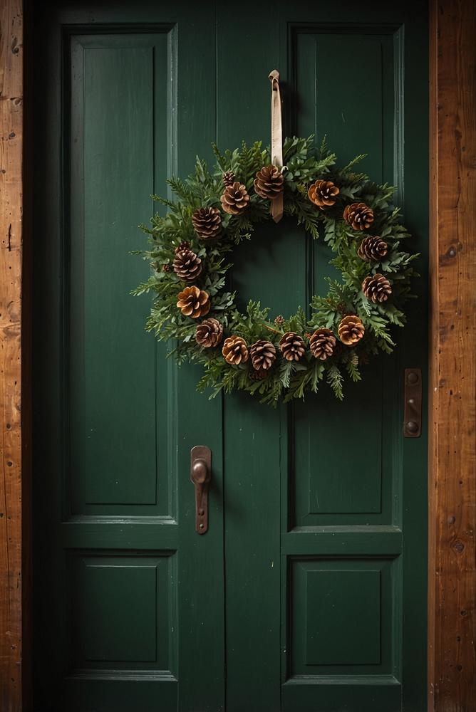 Weihnachtlicher Türkranz aus Fichten- und Kiefernzweigen mit Birkenrinde